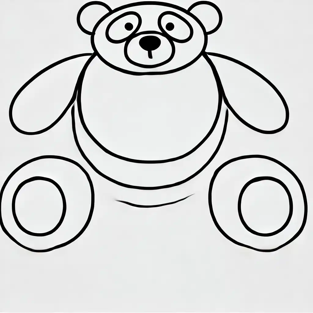 Simple and minimal line drawing of a panda with a rounded body, small ears, and simple face, sitting with its legs stretched out.