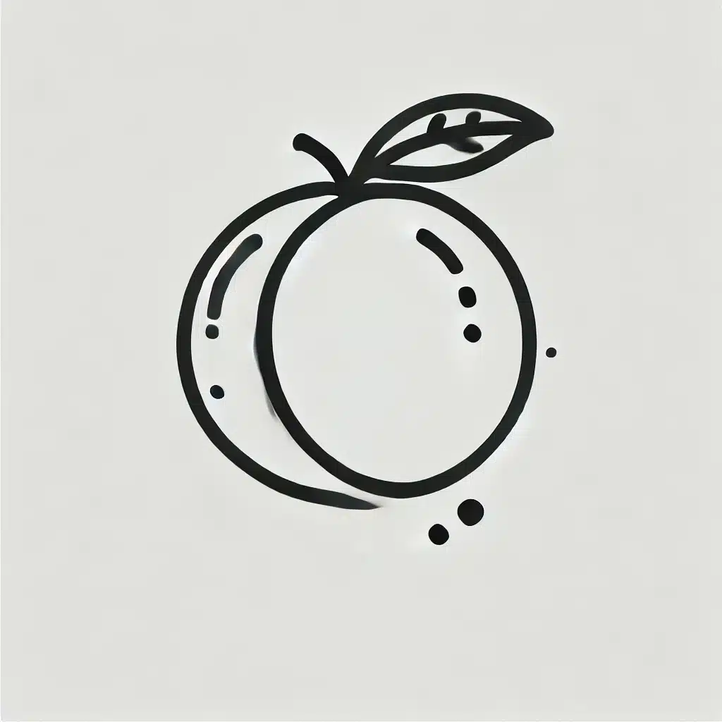 Simple and minimal line drawing of a peach with a rounded shape and a small leaf attached to the stem.