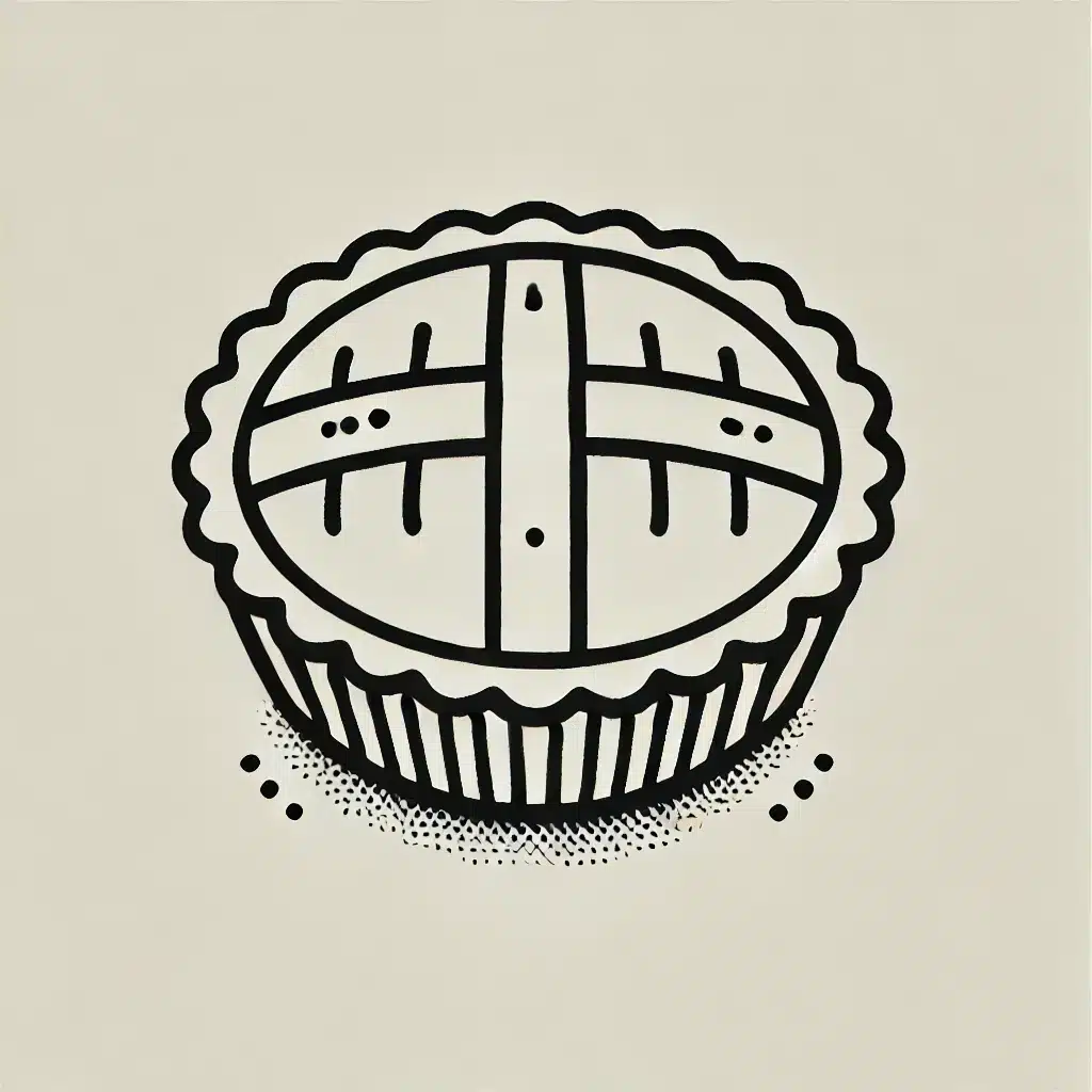 Simple and minimal line drawing of a pie with a rounded shape and a crisscrossed lattice top.