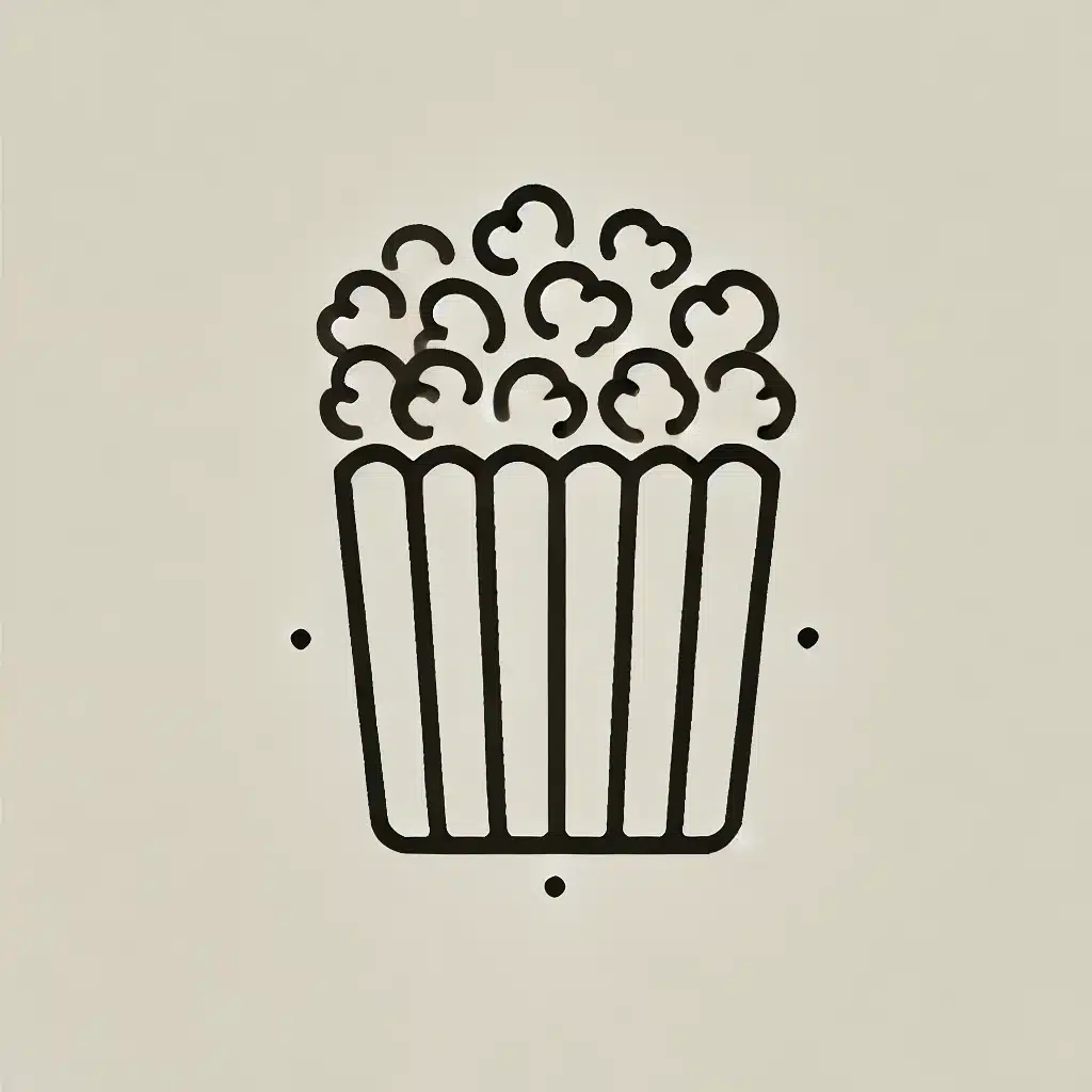 Simple and minimal line drawing of a popcorn container with some popcorn overflowing at the top.