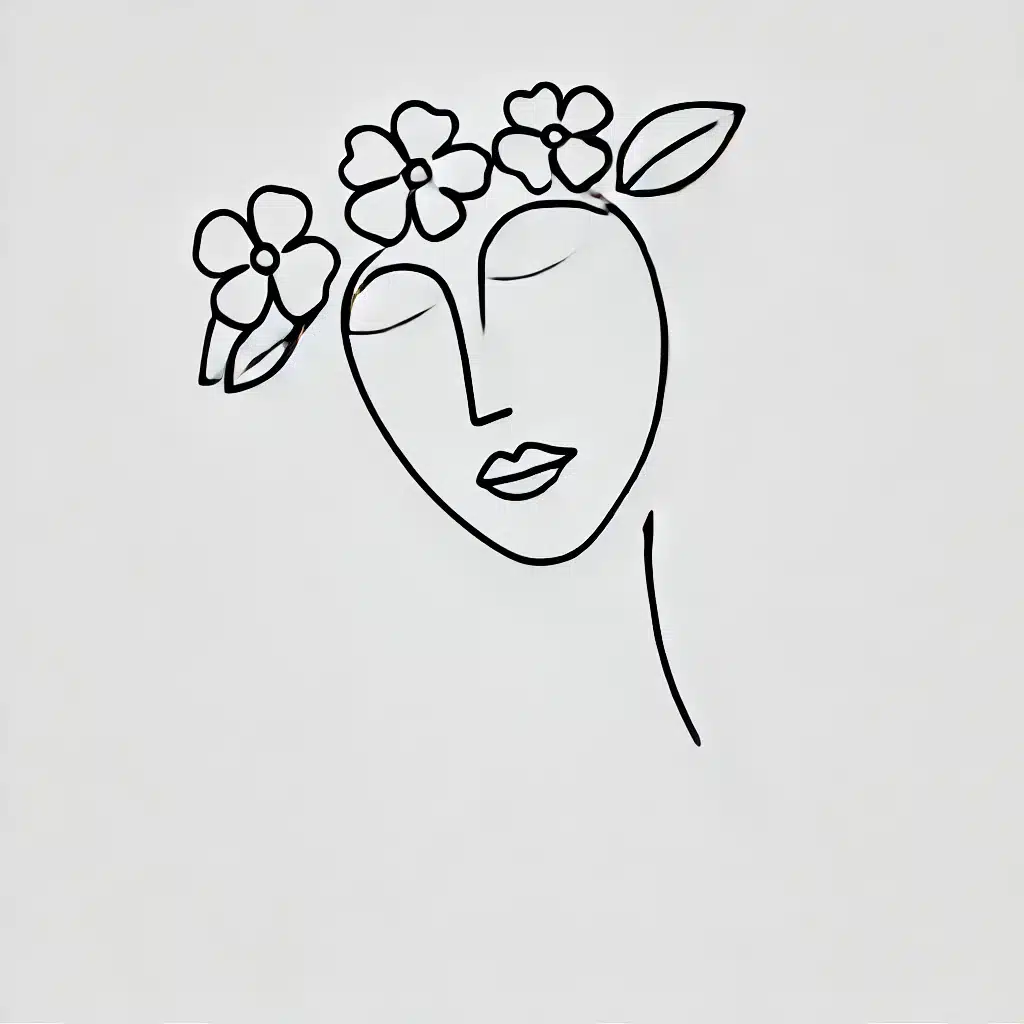 Simple and minimal line drawing of a portrait with a blooming flower crown, featuring rounded flowers and minimal facial features.