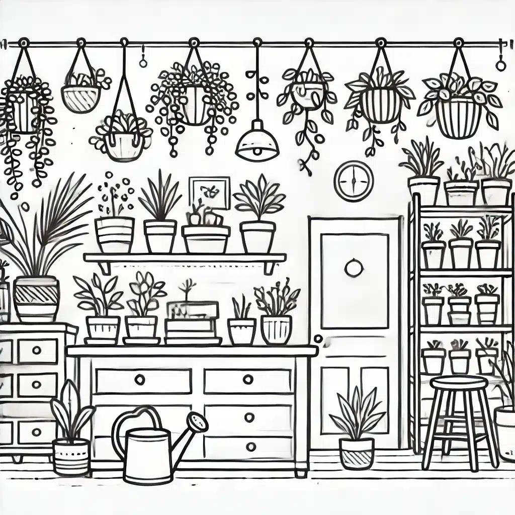 Simple and minimal line drawing of a quirky plant shop interior with potted plants, hanging vines, and shelves.