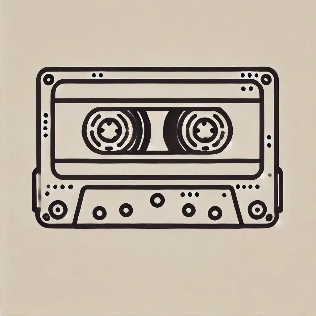 Simple and minimal line drawing of a retro cassette tape with a rectangular shape and visible spools.