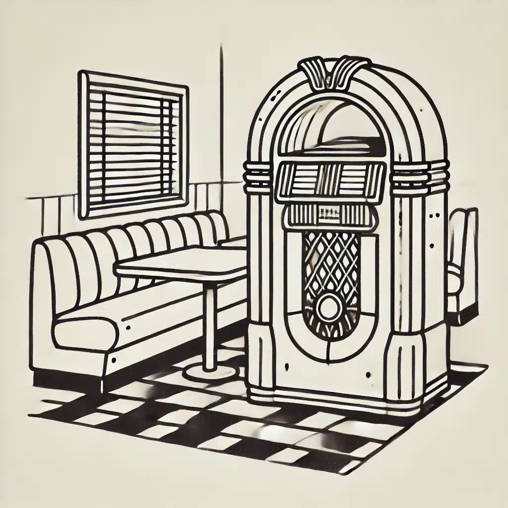 Simple and minimal line drawing of a retro diner scene with booth seating, a vintage jukebox, and a checkered floor.