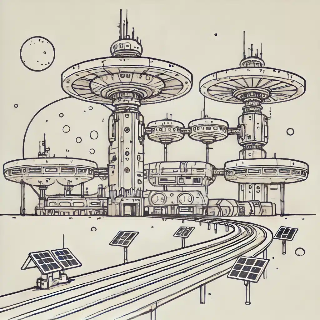 Simple and minimal line drawing of a retro-futuristic space station with circular modules, antennae, and connecting walkways.