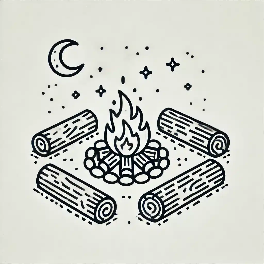 Simple and minimal line drawing of a rustic campfire night with a fire pit, logs, and stars in the sky.