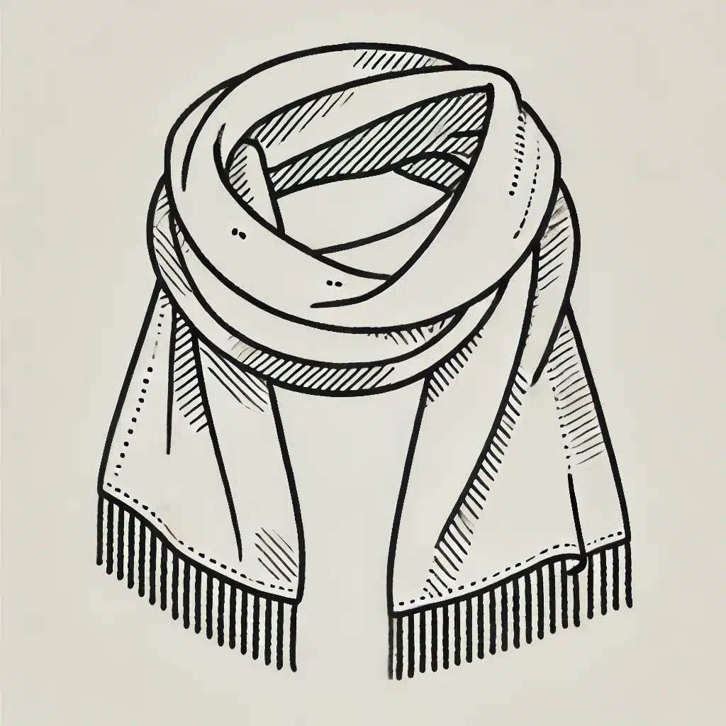 Simple and minimal line drawing of a scarf with an elongated shape and fringes at the ends.