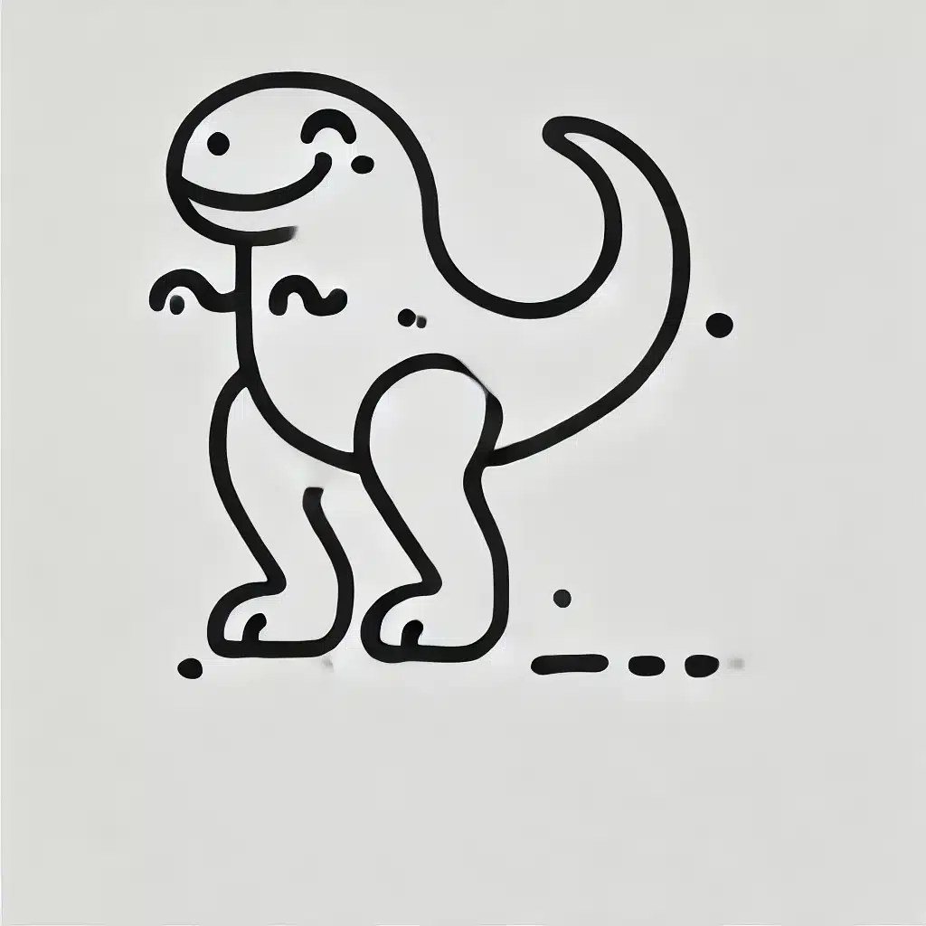 Simple and minimal line drawing of a smiling T-Rex.