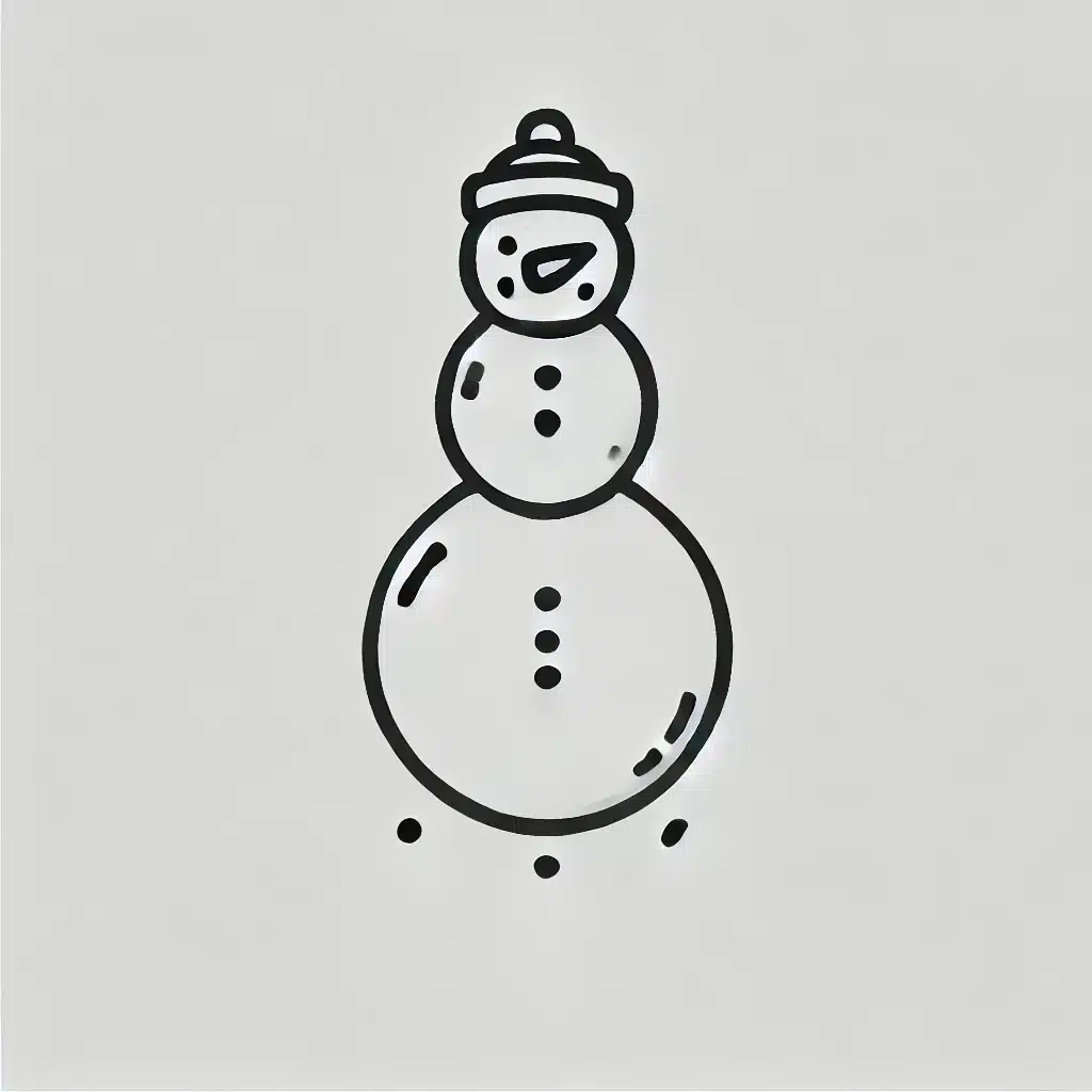 Simple and minimal line drawing of a snowman with three rounded snowballs, a small hat, and a carrot-shaped nose.