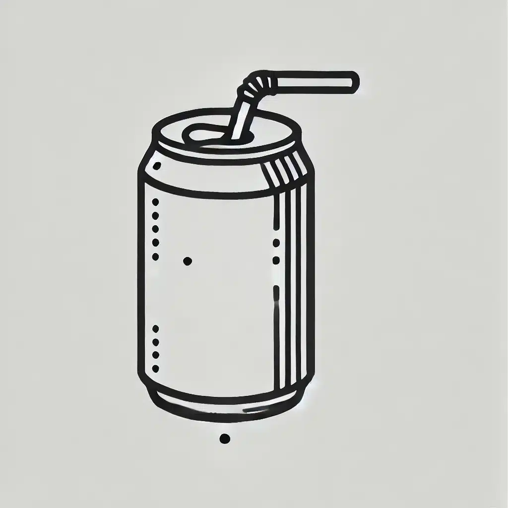 Simple and minimal line drawing of a soda can with a cylindrical shape and a straw inserted at the top.