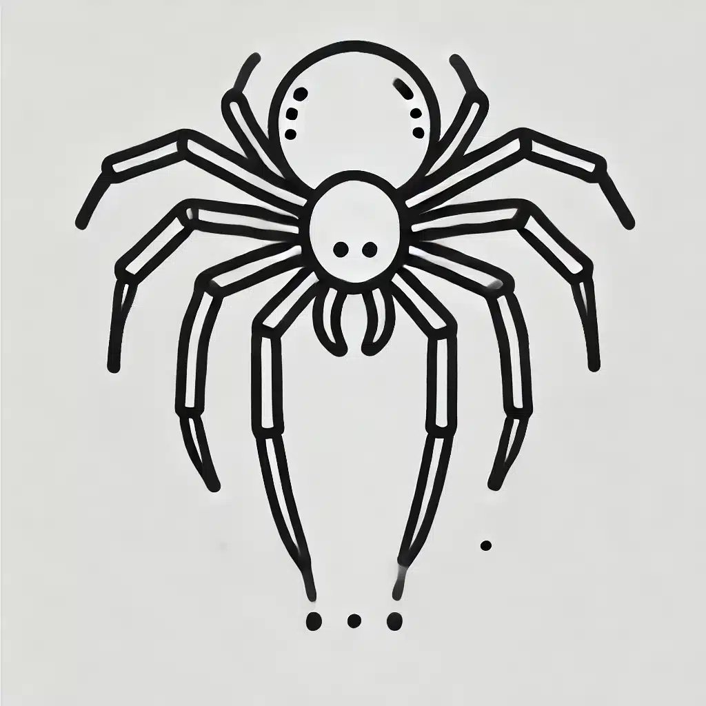 Simple and minimal line drawing of a spider with a rounded body and eight straight legs.