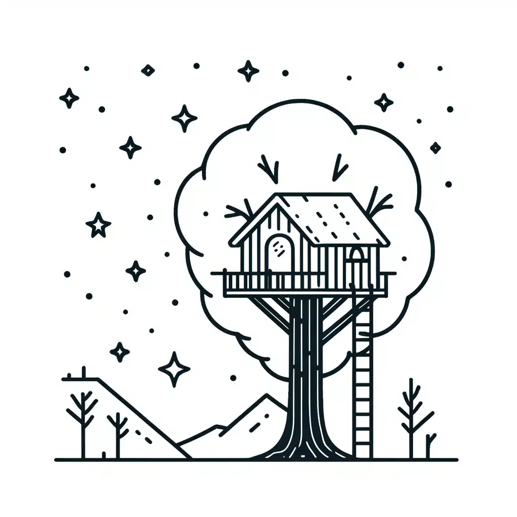 Simple and minimal line drawing of a treehouse in a tall tree, with a starry night sky above.