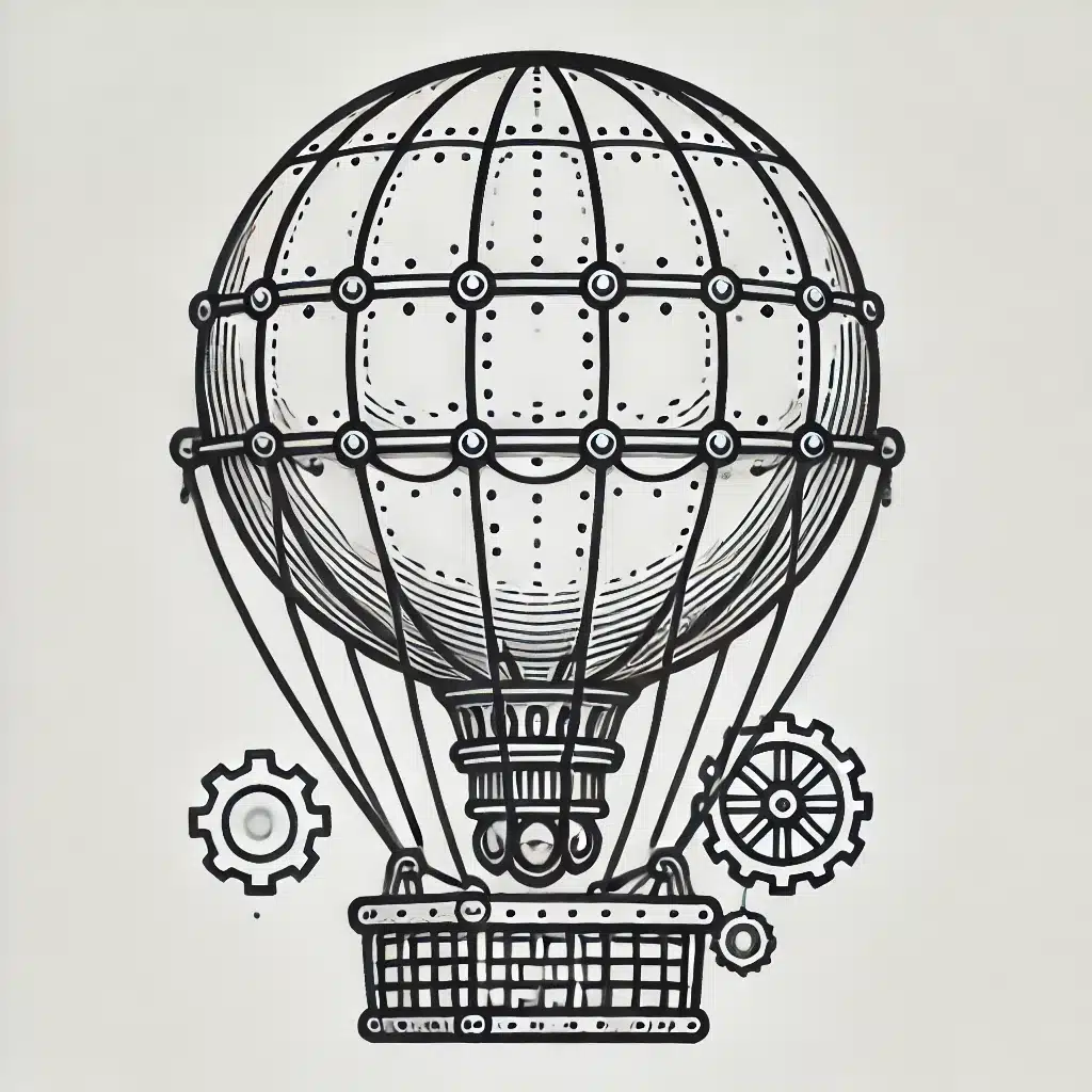 Simple and minimal line drawing of a steampunk hot air balloon with gears, pipes, and a vintage-style basket.