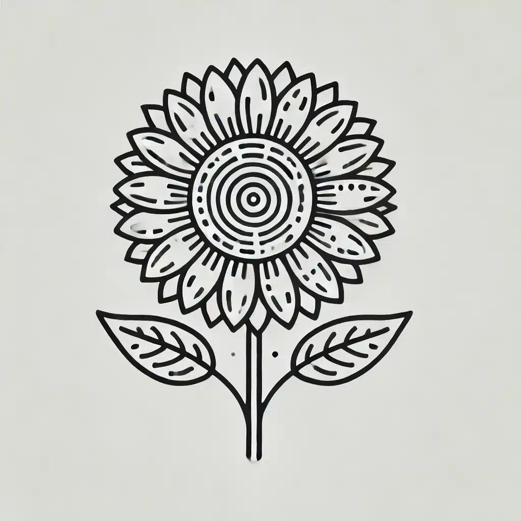 Simple and minimal line drawing of a sunflower with a large, round center, elongated petals, a stem, and two leaves.