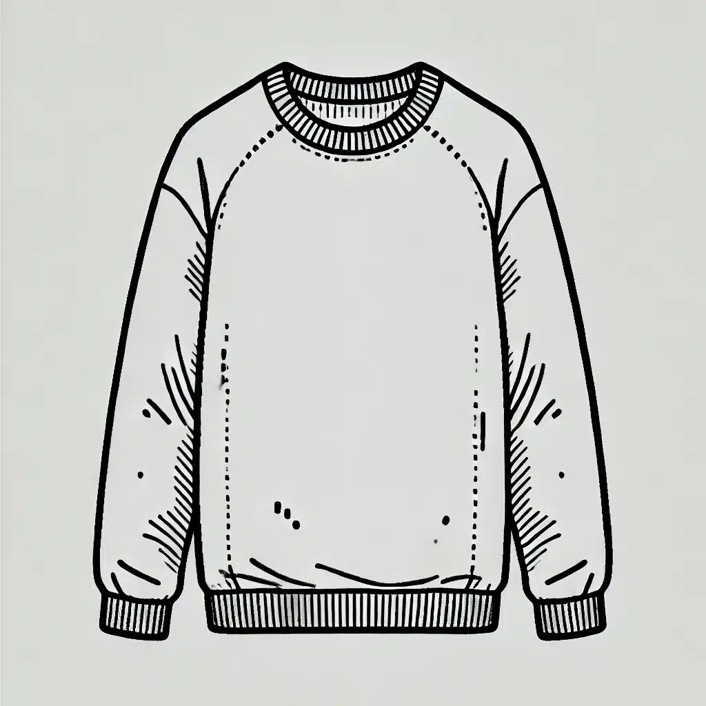 Simple and minimal line drawing of a sweater with a rounded neckline, long sleeves, and a slightly loose fit.