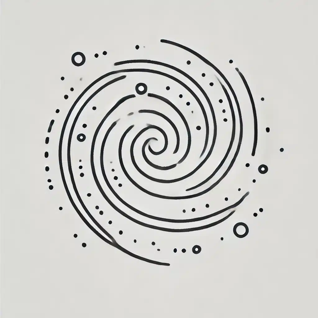 Simple and minimal line drawing of a swirling galaxy with smooth, spiral arms radiating from a central core.