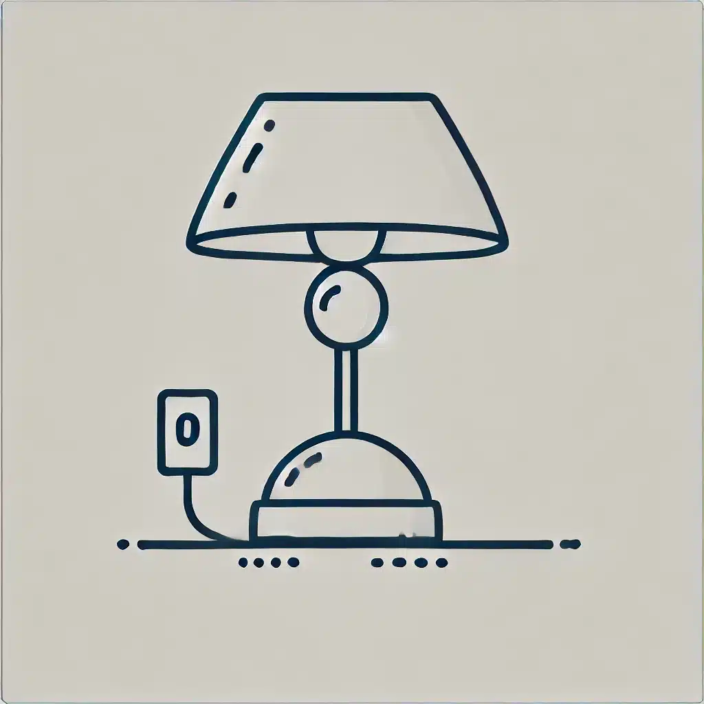 Simple and minimal line drawing of a table lamp with a rounded base and a conical lampshade.