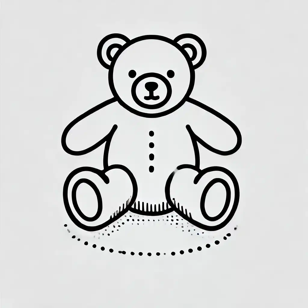 Simple and minimal line drawing of a teddy bear with a rounded body, short arms and legs, and small round ears.