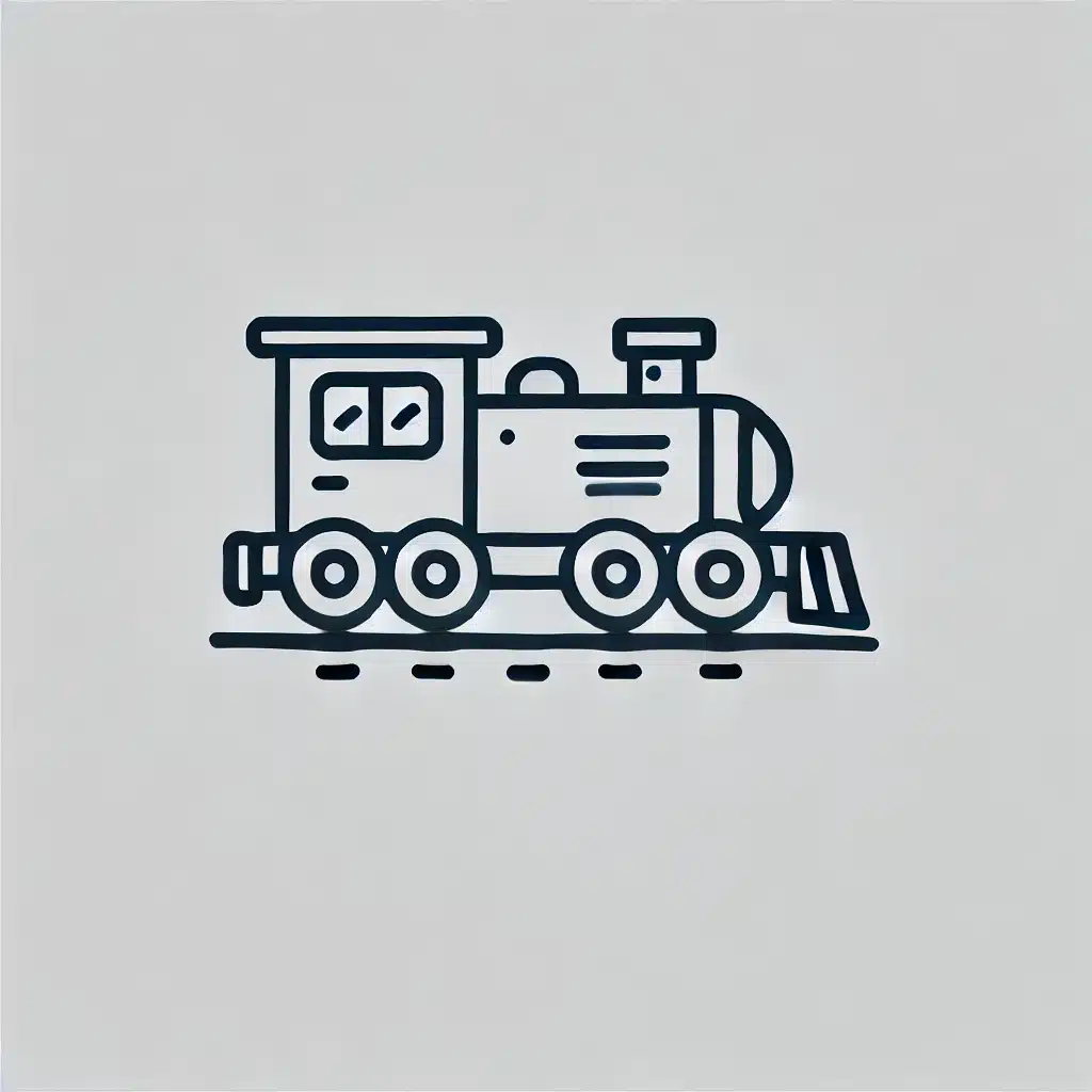 Simple and minimal line drawing of a train with a rectangular body, rounded edges, a few windows, and a small chimney on top.