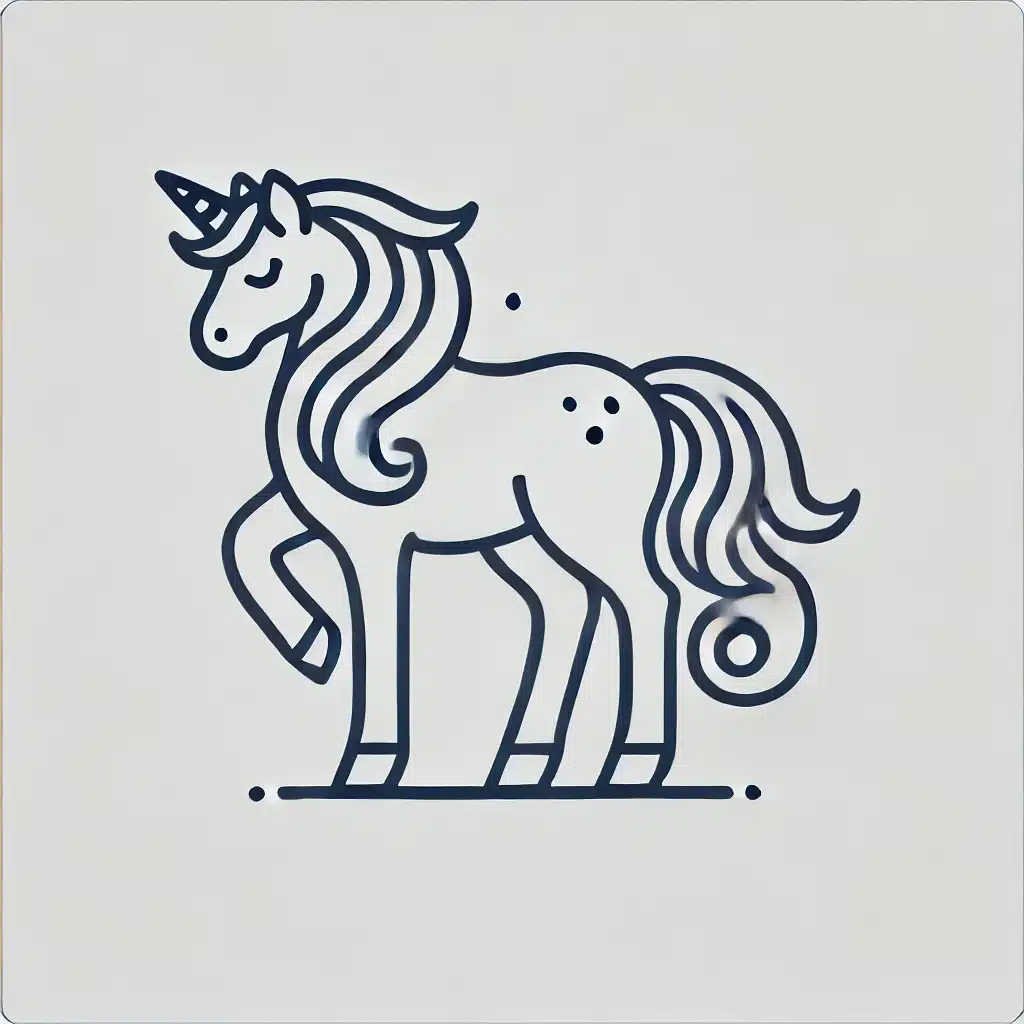 Simple and minimal line drawing of a unicorn with a rounded body, four legs, a flowing mane, and a spiral horn on its head.