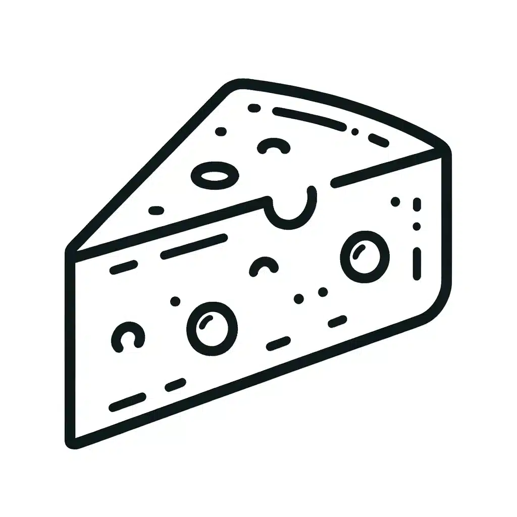 Simple and minimal line drawing of a wedge of cheese with a triangular shape and a few circular holes.