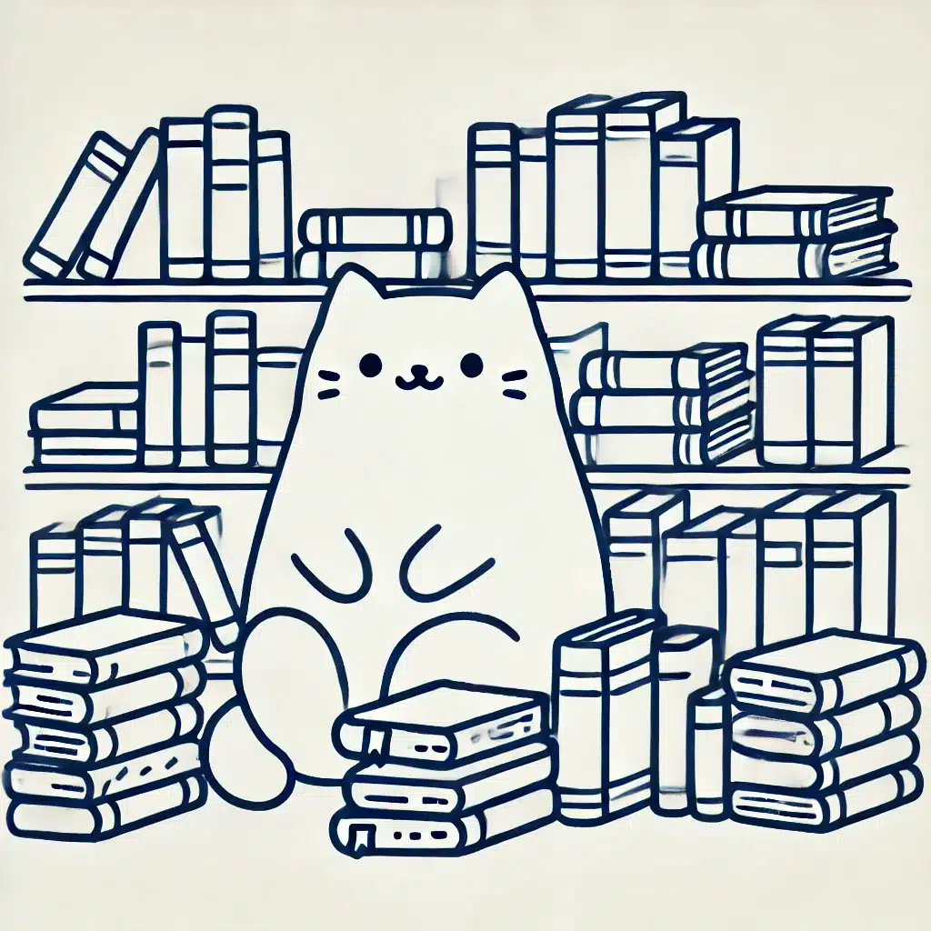 Simple and minimal line drawing of a whimsical bookstore cat sitting among stacks of books.