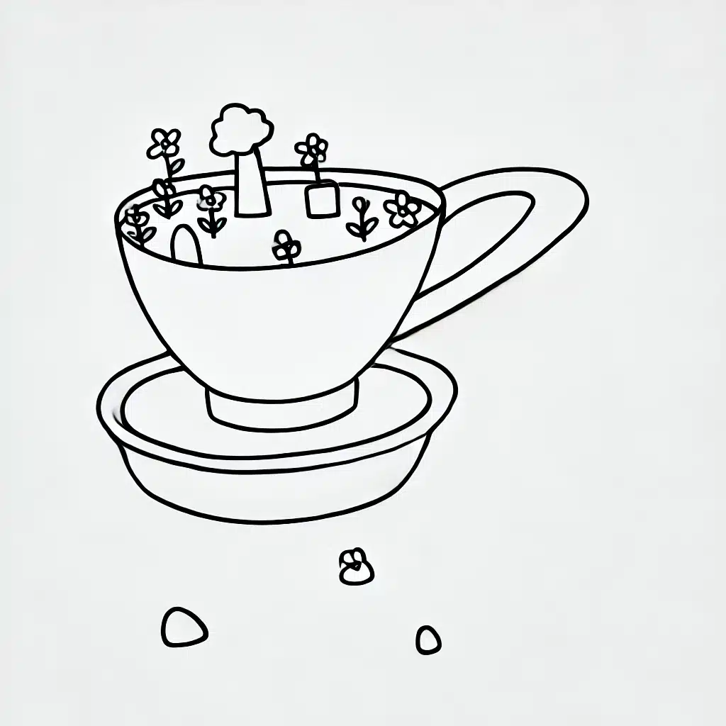 Simple and minimal line drawing of a whimsical garden scene inside a teacup with plants, flowers, and a small tree. Aesthetic Drawing Ideas