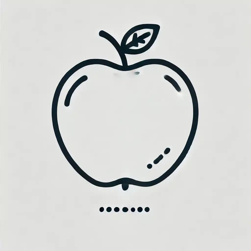 Simple and minimal line drawing of an apple with a rounded shape, small stem, and a single leaf attached.