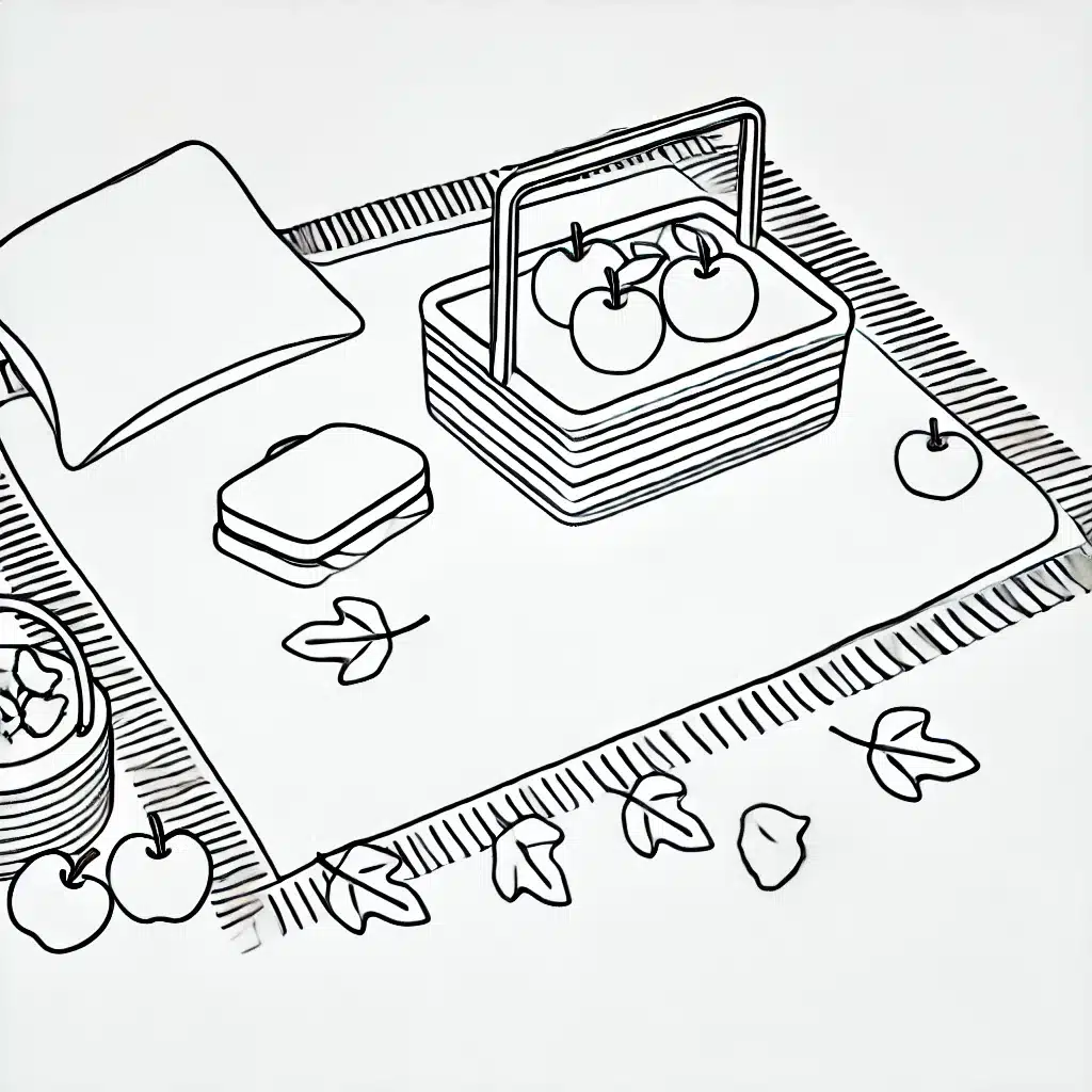 Simple and minimal line drawing of an autumn picnic spread with a cozy blanket, baskets of food, and scattered leaves.