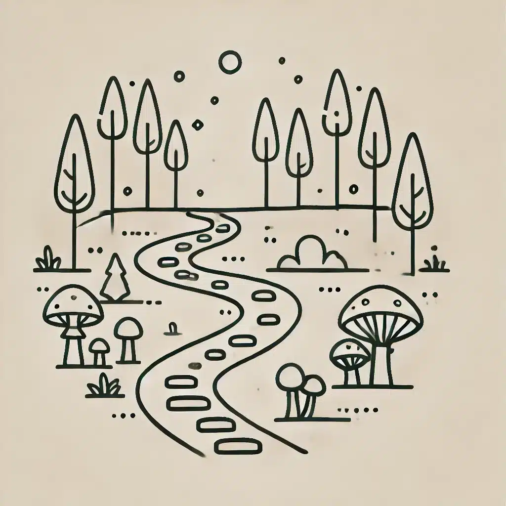 Simple and minimal line drawing of an enchanted forest pathway with tall trees, a winding path, and scattered mushrooms.