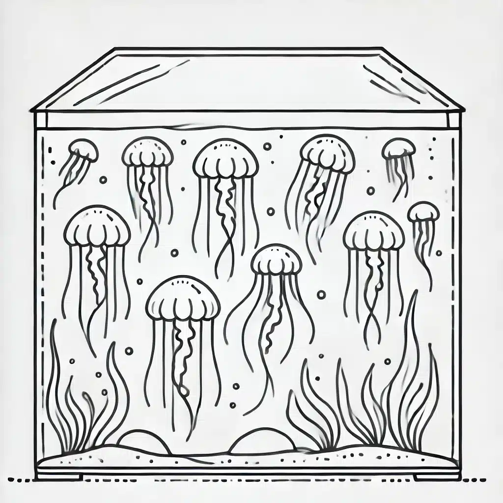 Simple and minimal line drawing of an ethereal jellyfish aquarium with floating jellyfish, long tentacles, and a rounded bell shape.