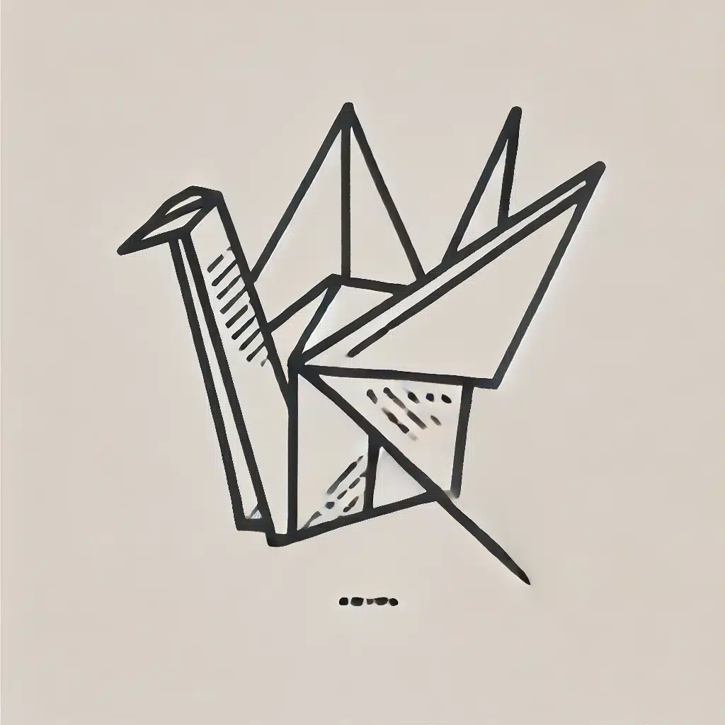 Simple and minimal line drawing of an origami crane with sharp, angular lines representing the folded paper.