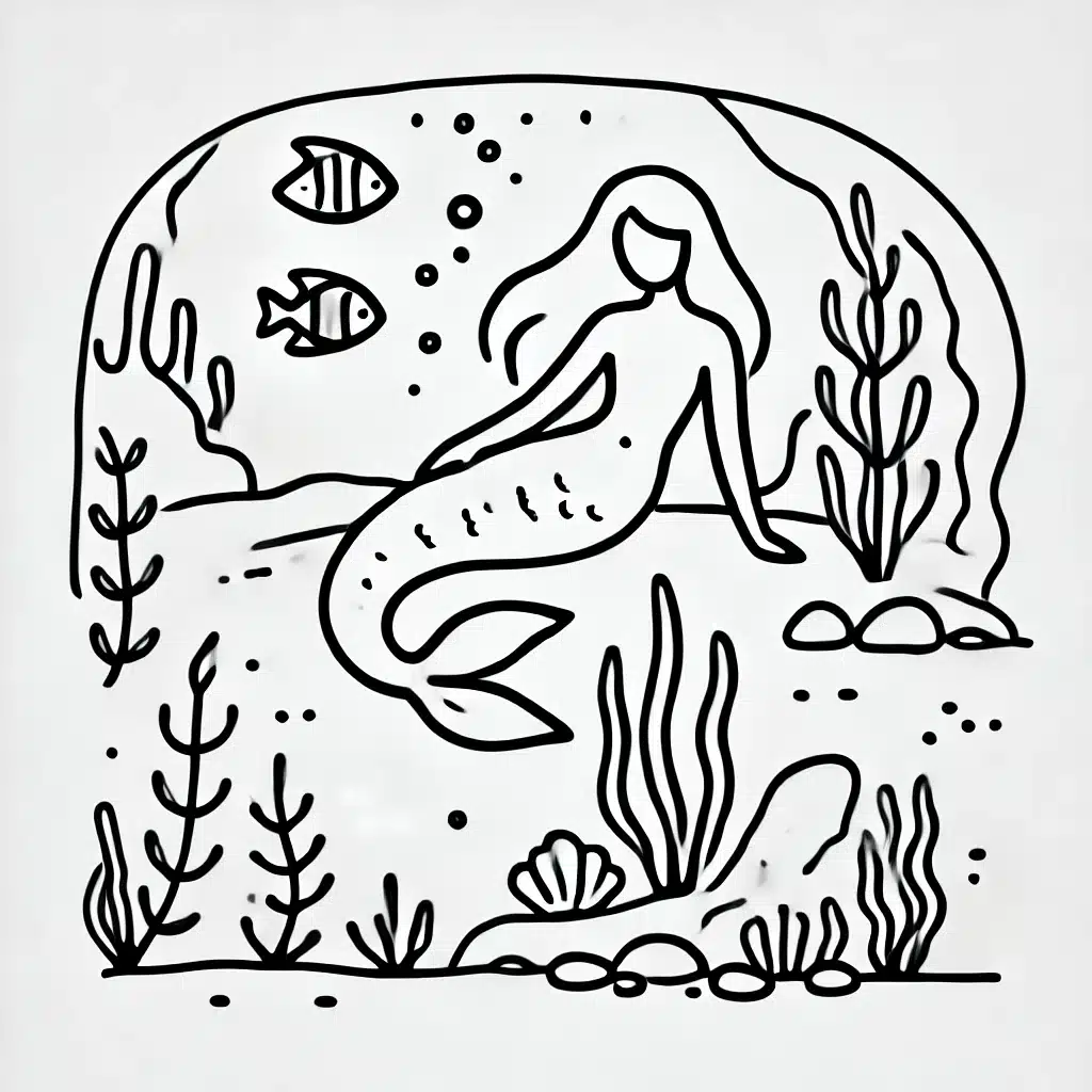 Simple and minimal line drawing of an underwater mermaid cove with a mermaid, seaweed, coral, and small fish.