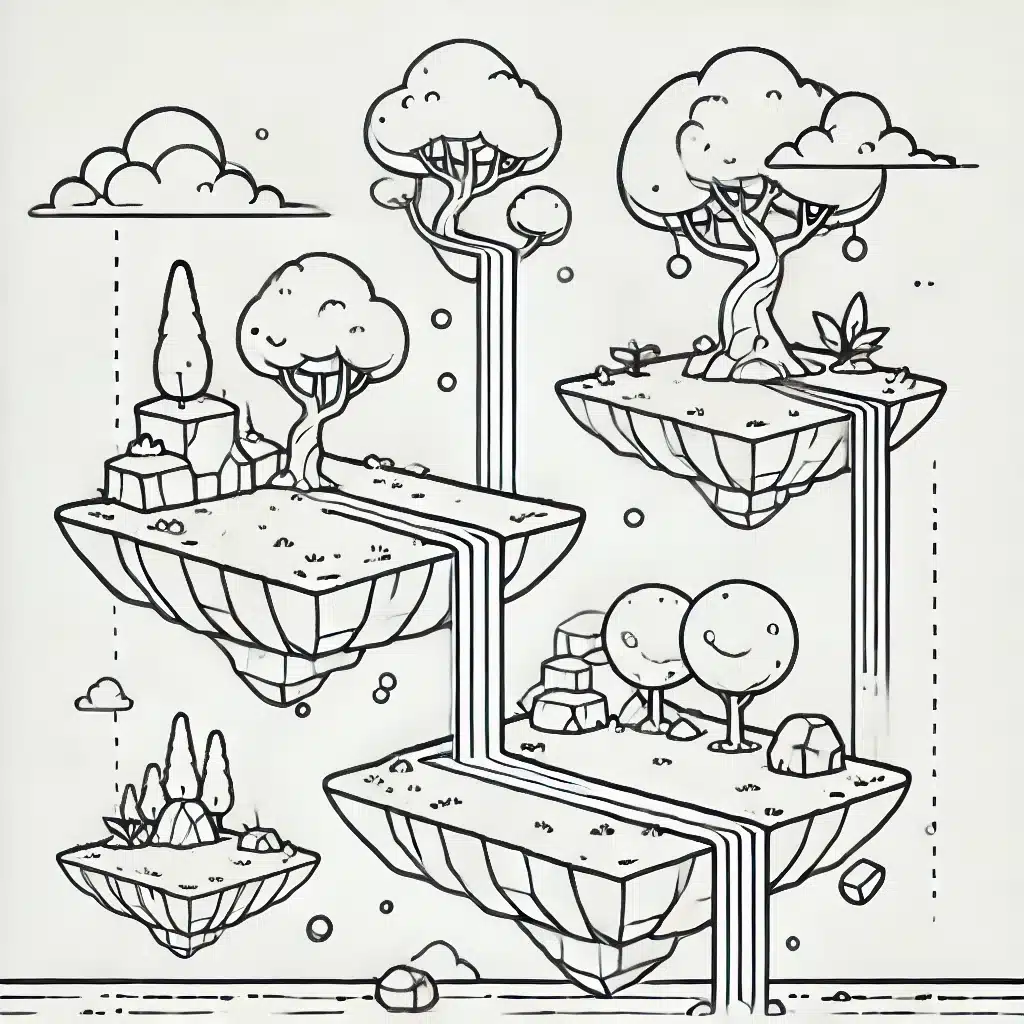 Simple and minimal line drawing of magical floating islands with small trees, rocks, and waterfalls flowing off the edges.