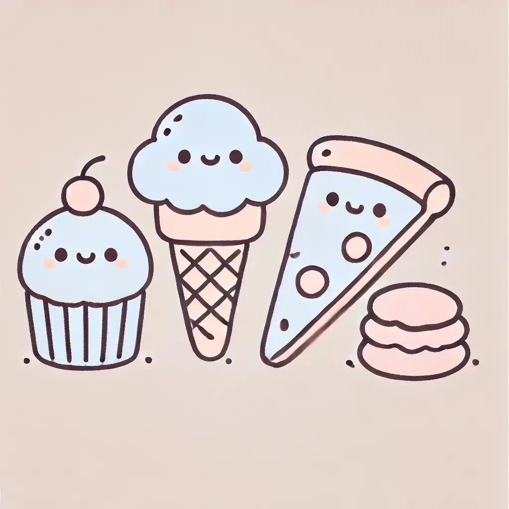 Simple and minimal line drawing of pastel kawaii food characters, including a cupcake, ice cream cone, and slice of pizza with minimal facial features.