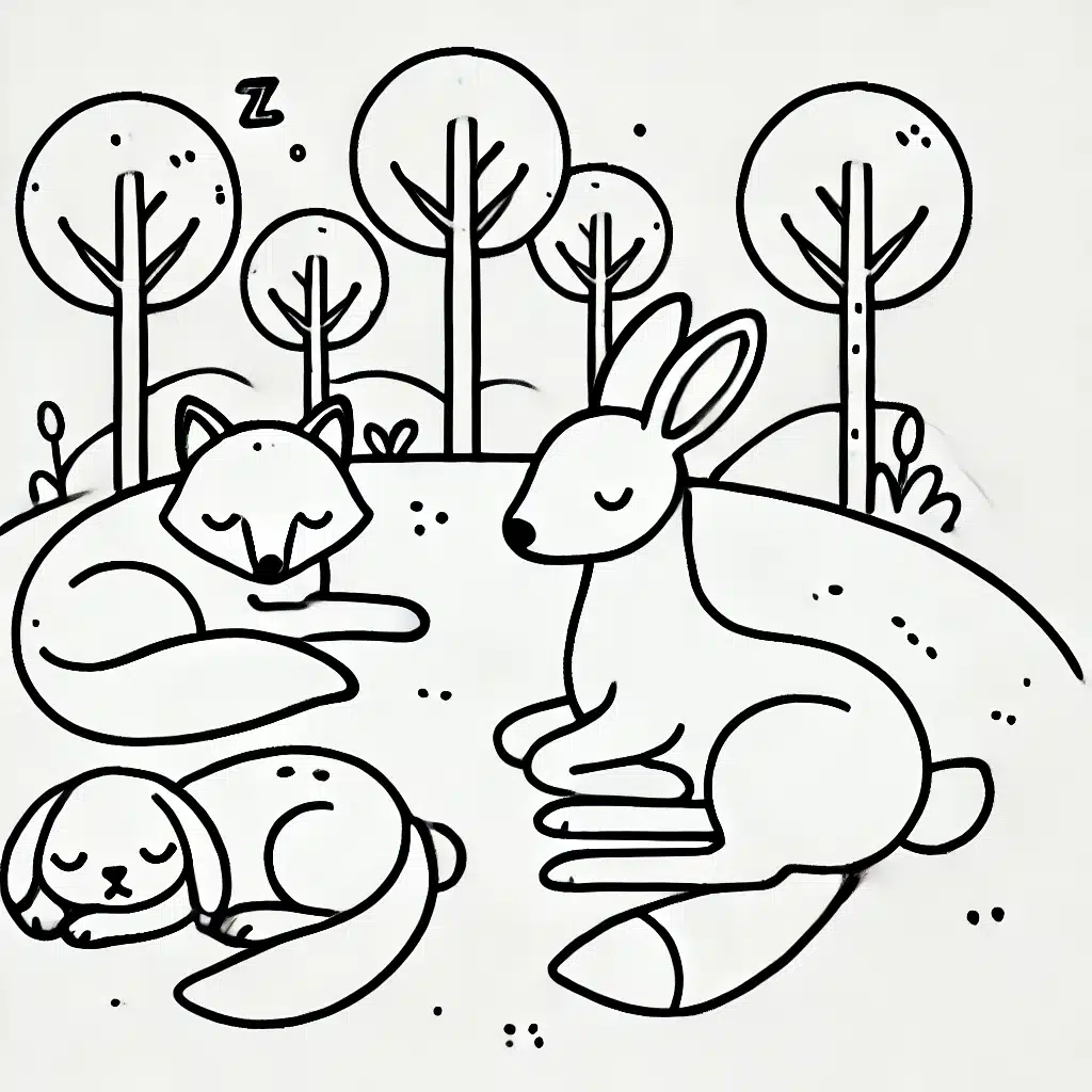 Simple and minimal line drawing of sleepy woodland animals, including a fox, deer, and rabbit, resting peacefully under trees.