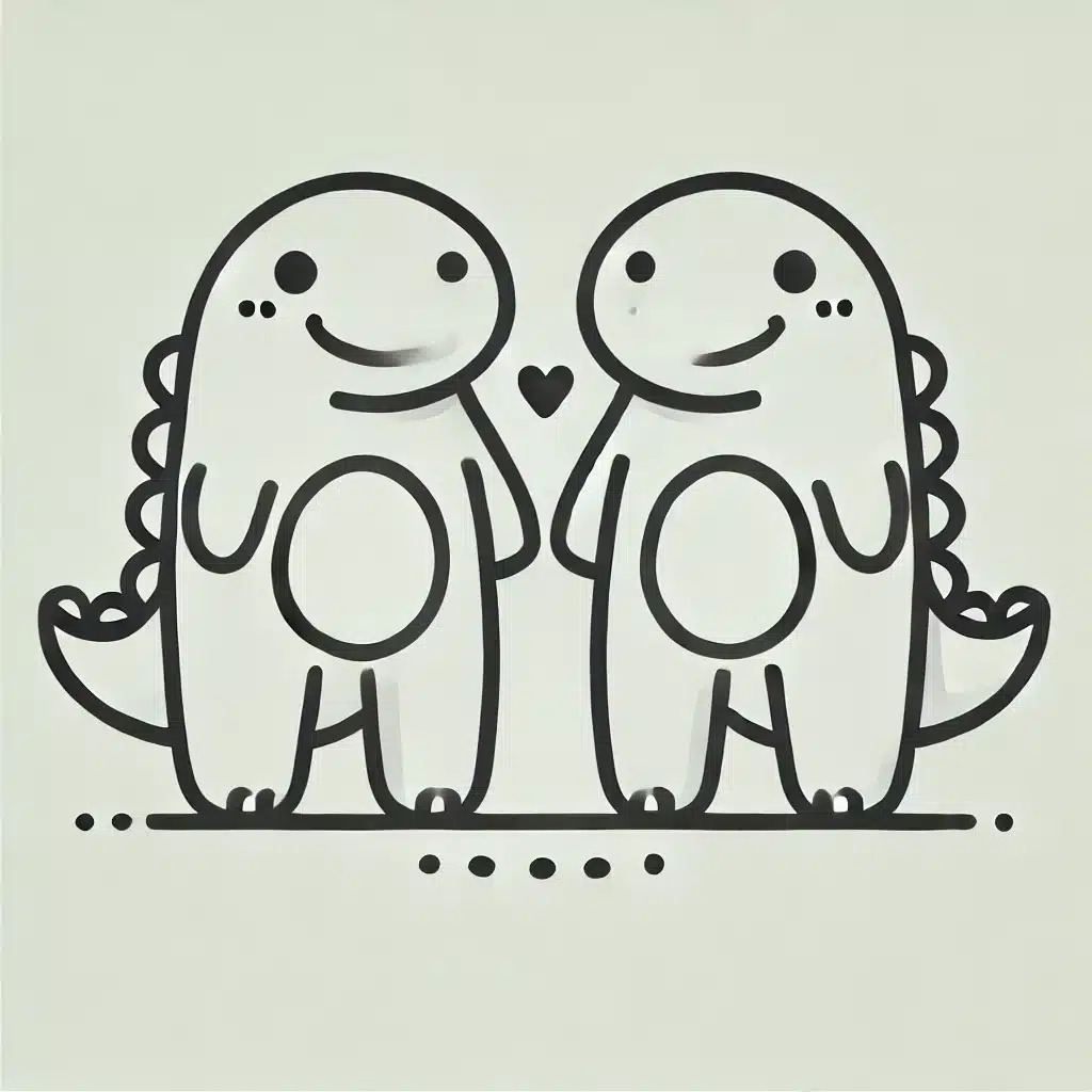 Simple and minimal line drawing of two friendly dinosaurs standing side by side.