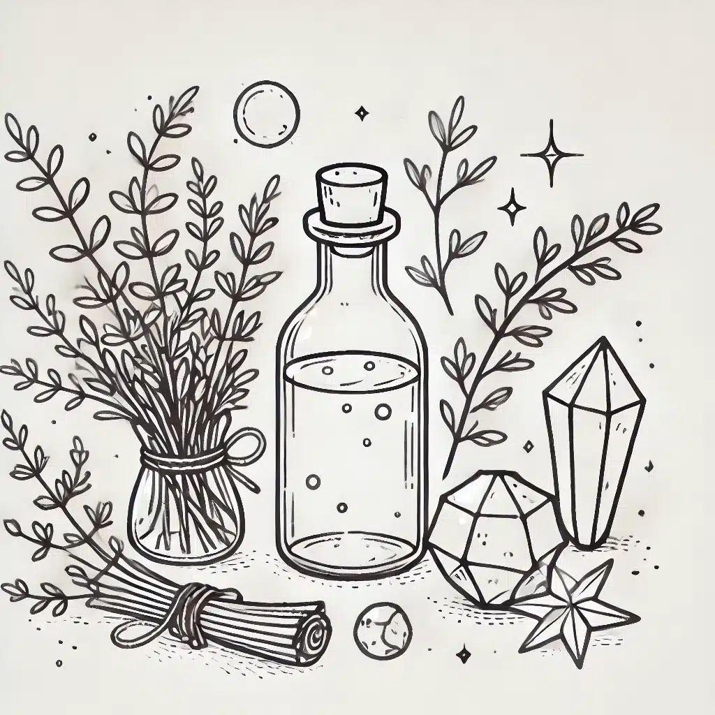 Simple and minimal line drawing of witchy potion ingredients, including a vial of glowing liquid, herbs, and crystals.