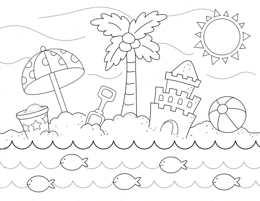 Coloring page of a beach scene with palm tree, umbrella, sand castle, beach ball, bucket, shovel, sun, and fish swimming in the waves.