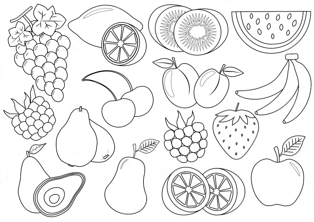 Black and white line art of various fruits including grapes, kiwi, lemon, watermelon, banana, cherries, pears, raspberry, strawberry, orange, avocado, and apple.