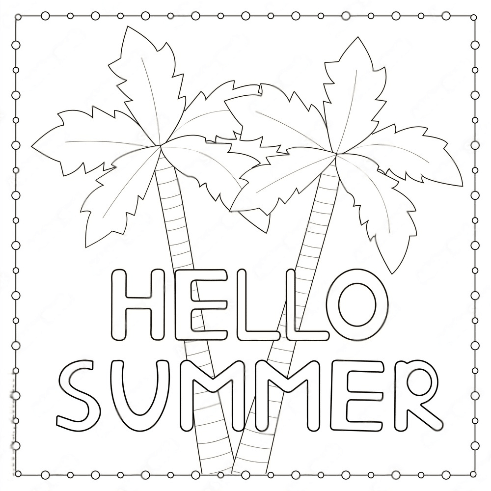 Black and white line art of two palm trees with the text "Hello Summer" underneath, surrounded by a border of dots.