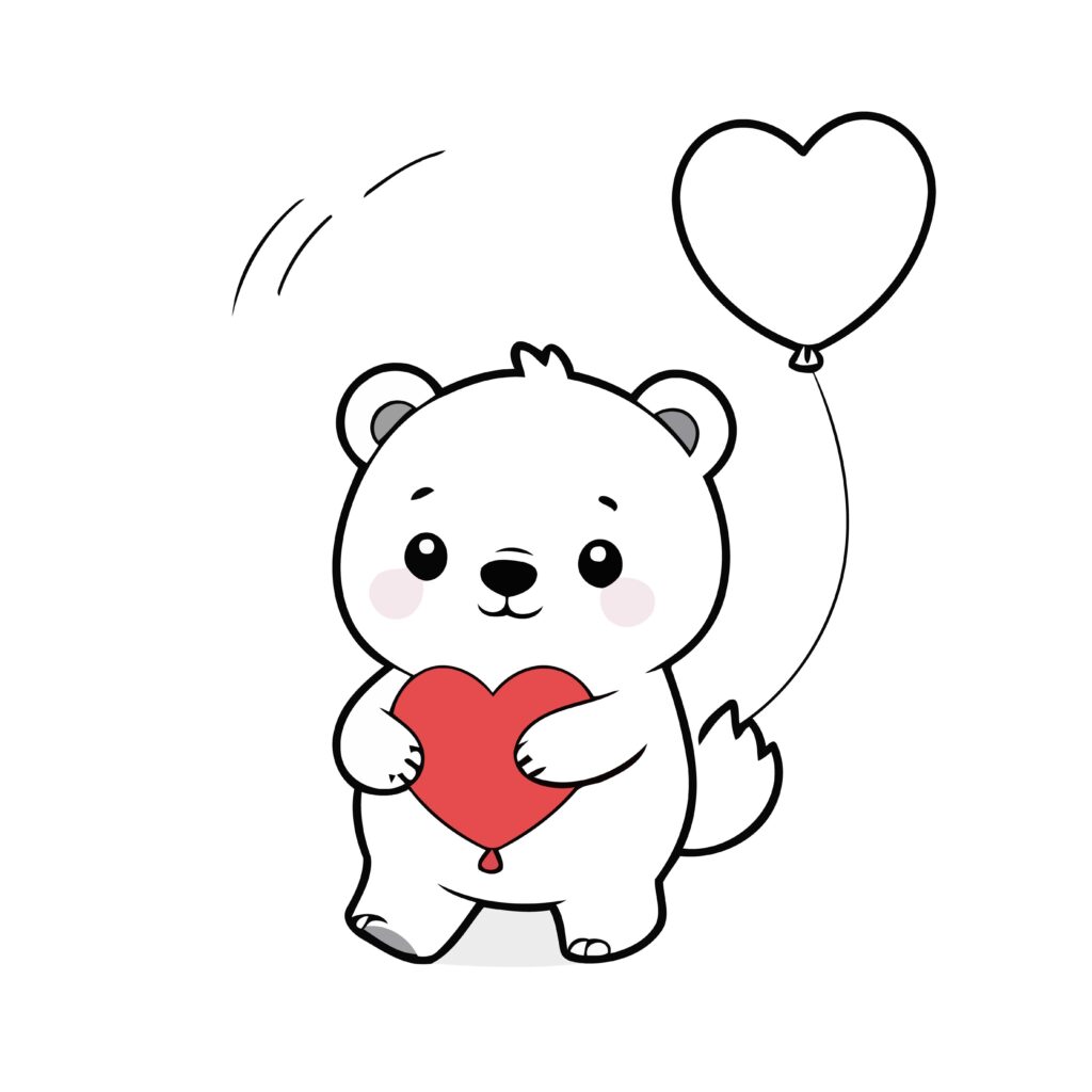 A sweet panda holding a heart-shaped balloon, sitting happily with a playful expression.