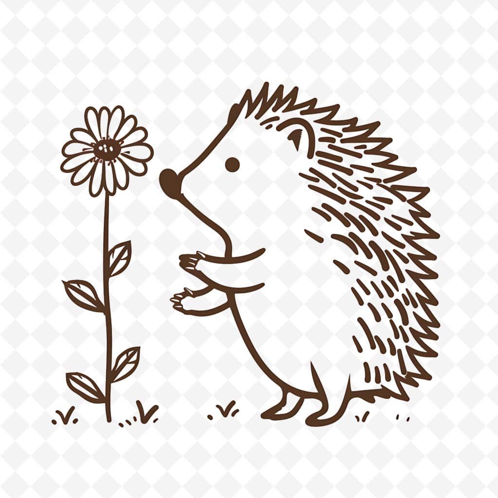 A cute hedgehog holding a small flower in its paws, surrounded by greenery.