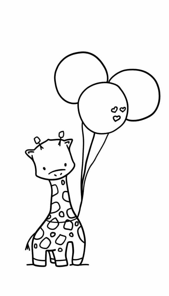 A cheerful giraffe holding a colorful balloon with its mouth, smiling happily.