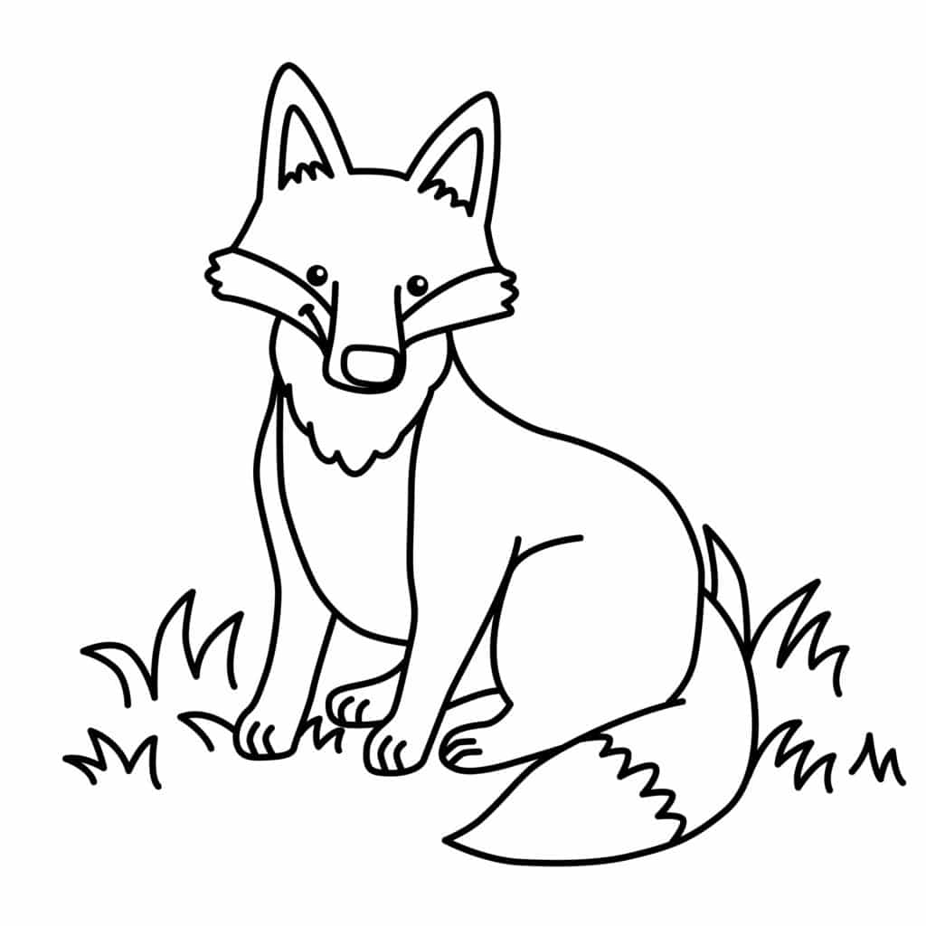 An adorable fox with a bushy tail sitting in a grassy area, looking curiously at the camera.