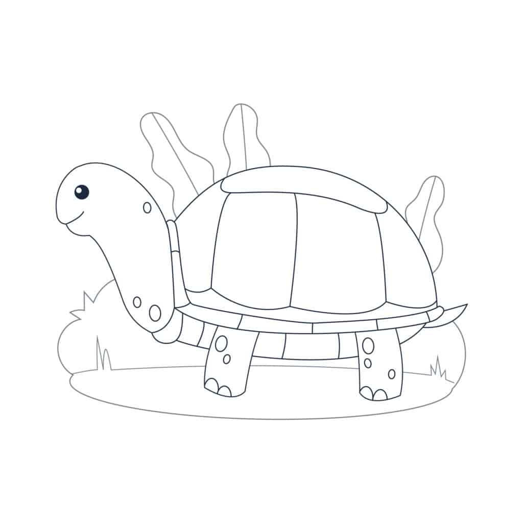 A cheerful turtle with a big smile, sitting beside a colorful flower in a sunny setting.