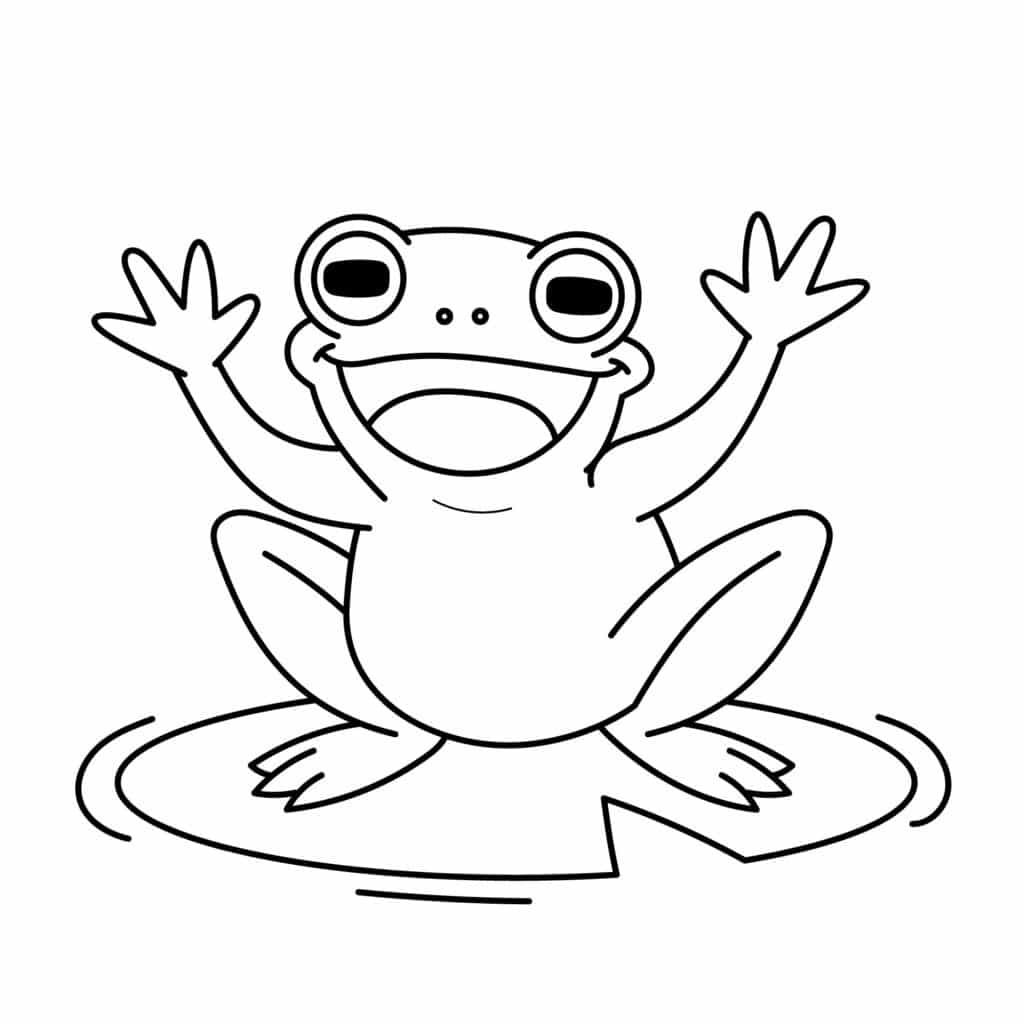 A whimsical drawing of a cheerful frog sitting on a bright green lily pad in a pond.