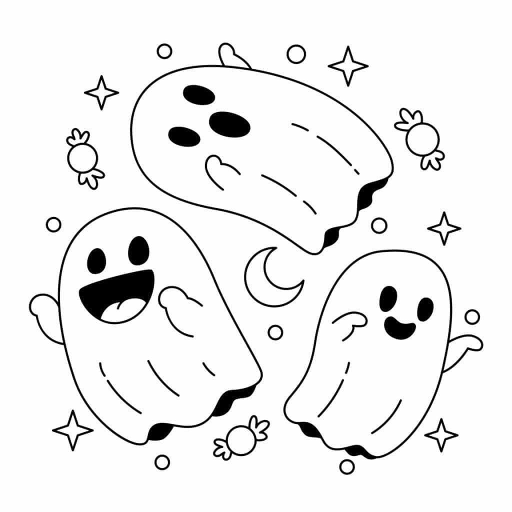 A color-by-number illustration featuring cheerful ghost characters, perfect for adding a whimsical touch to Halloween coloring activities.