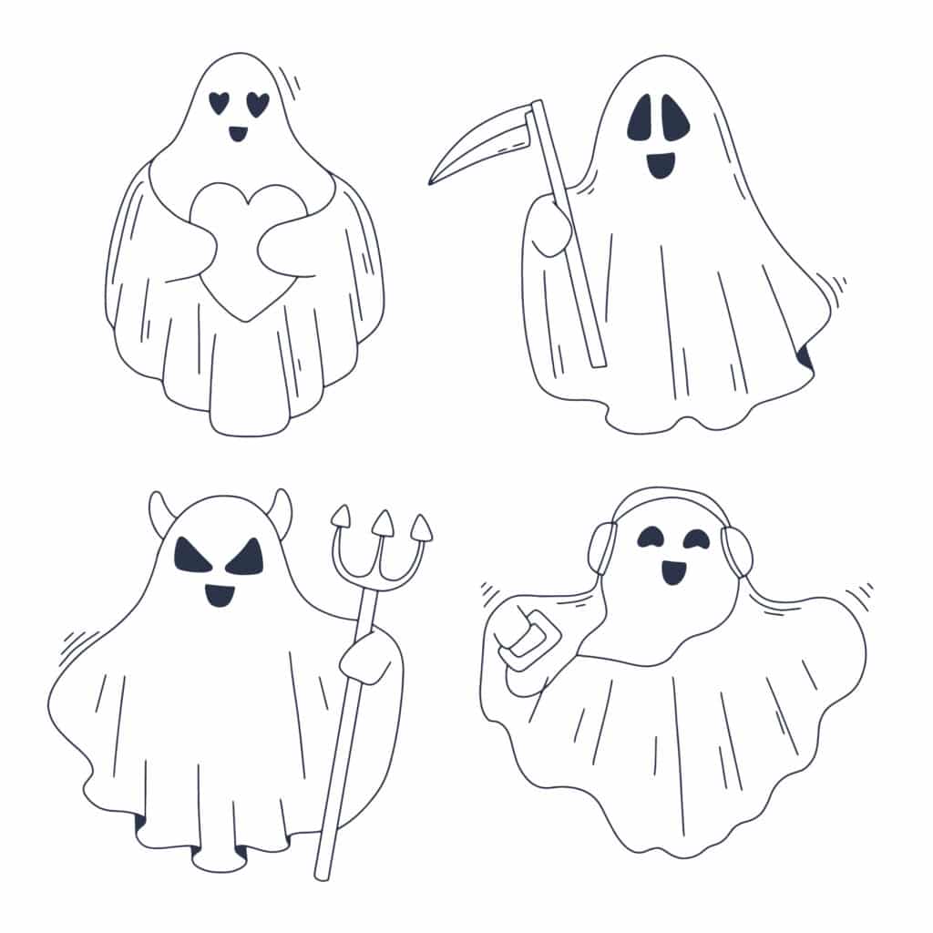 Friendly ghosts in playful poses, smiling and floating around.