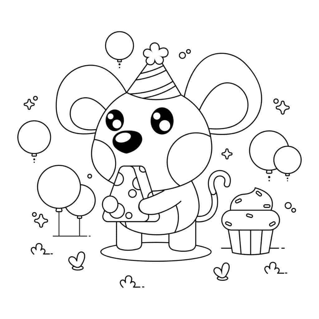 A simple drawing of a sweet elephant holding a colorful balloon with a happy expression.